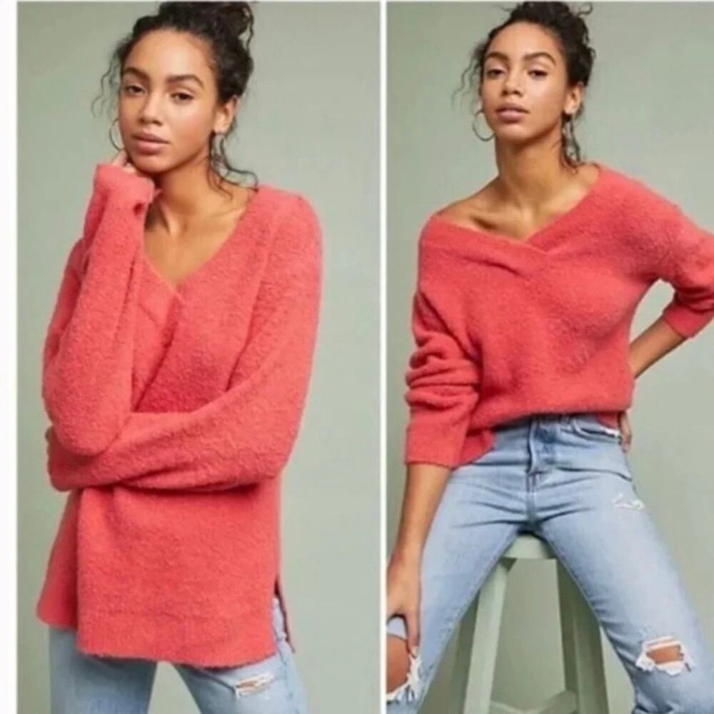 Anthropologie XL Clayton Oversized V-neck Sweater Coral Pink Fuzzy Alpaca Blend